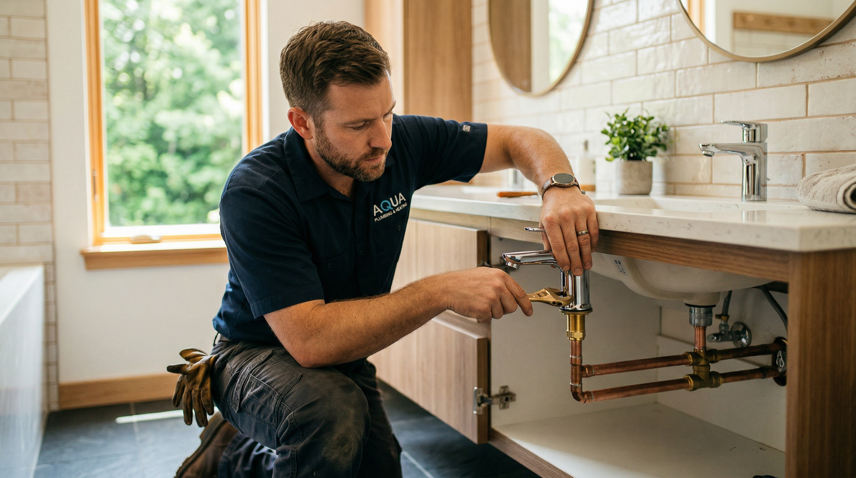 Professional plumber working on copper pipes under a modern bathroom sink