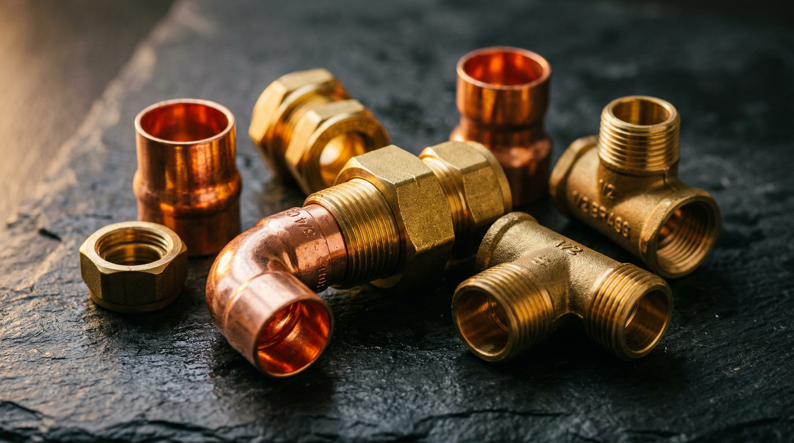 Polished brass and copper plumbing fittings on a dark slate surface